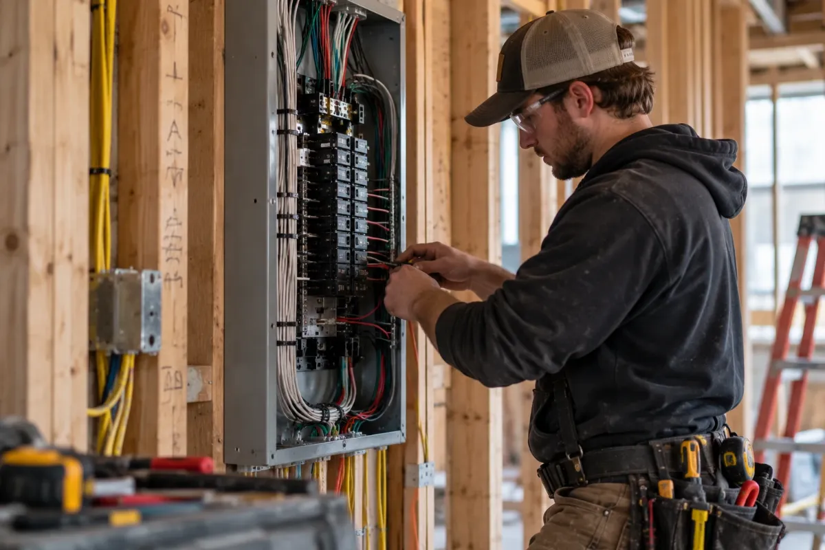 Un electricista cableando un panel de interruptores en una obra nueva.