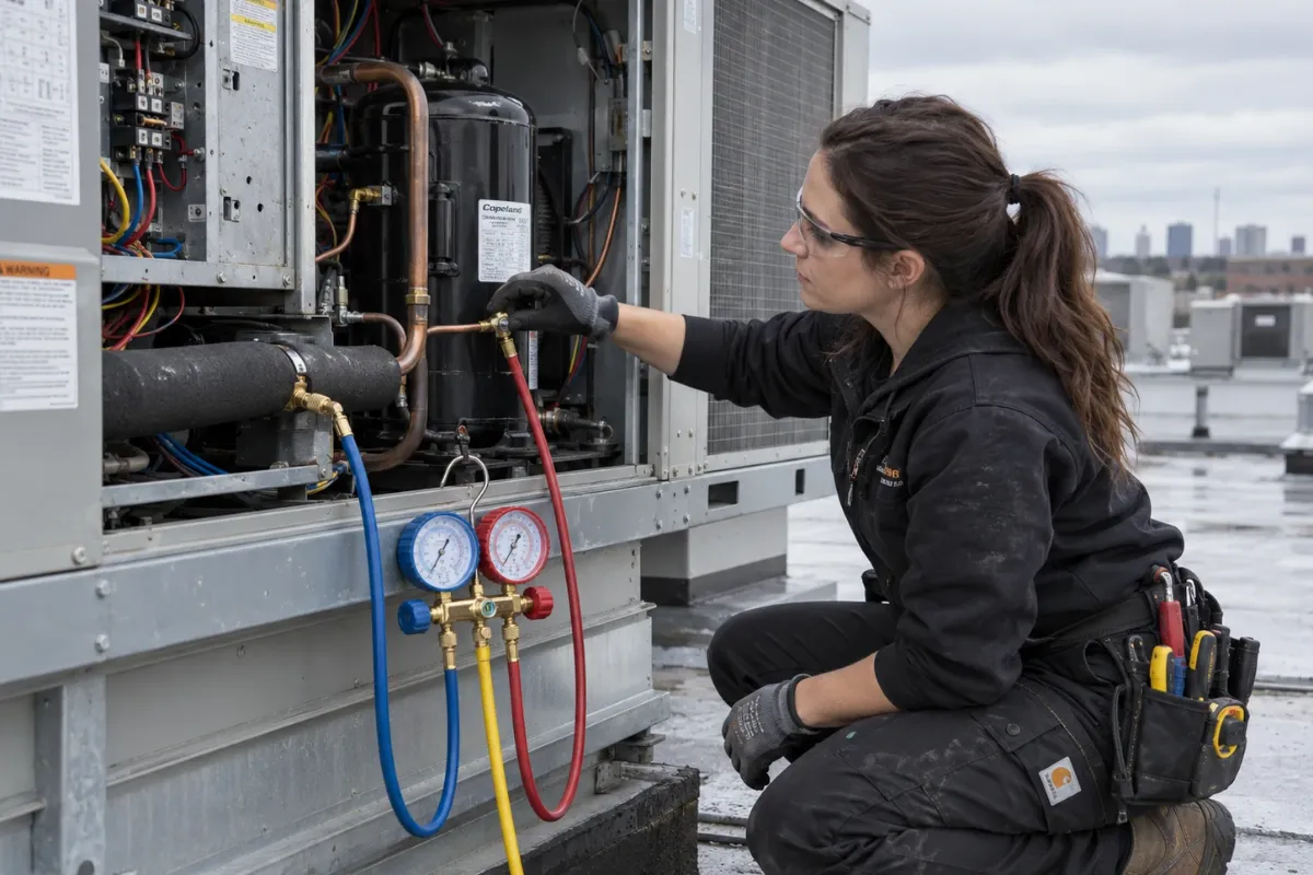 Un técnico de HVAC revisando presiones en una unidad de azotea.