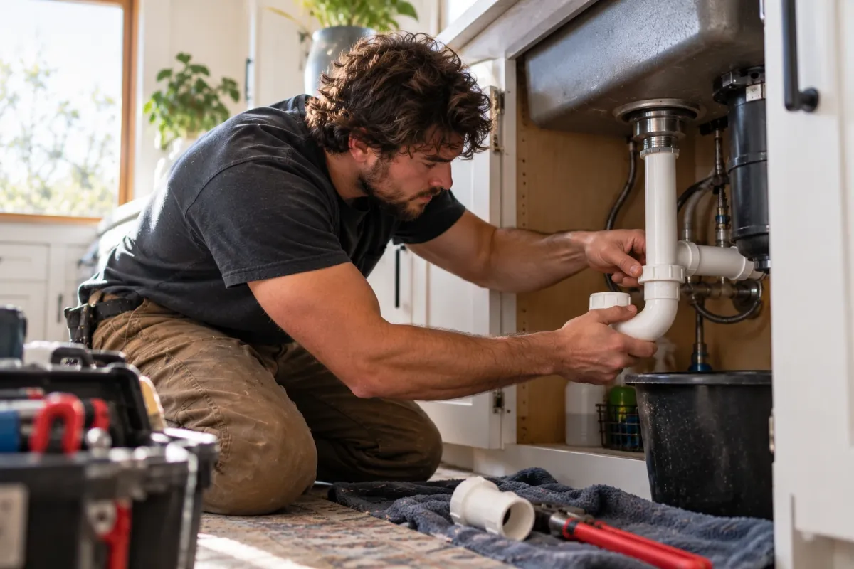 Un plomero instalando una trampa de desagüe bajo un fregadero de cocina.