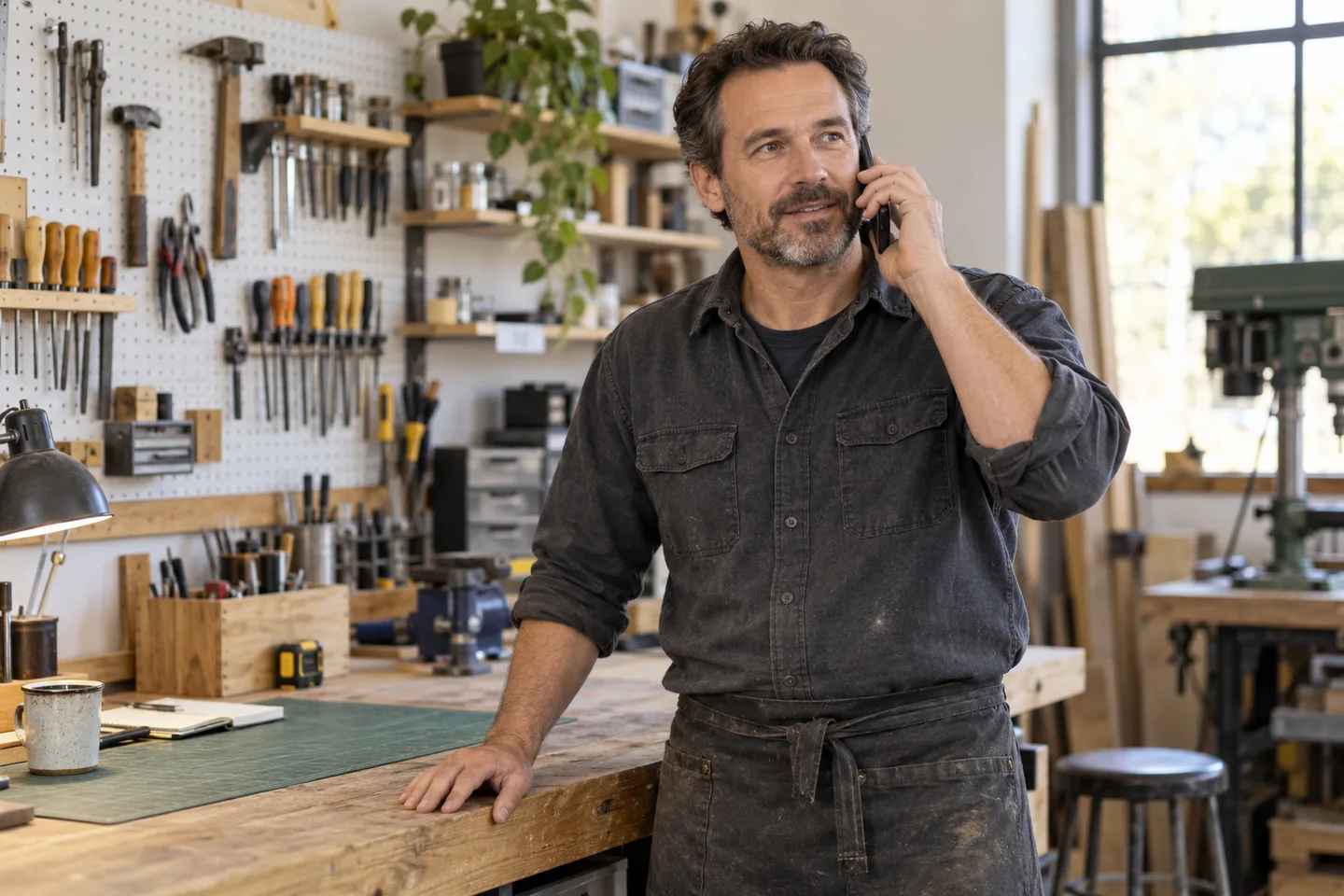Un empresario habla por teléfono junto a una mesa de trabajo ordenada en su taller.