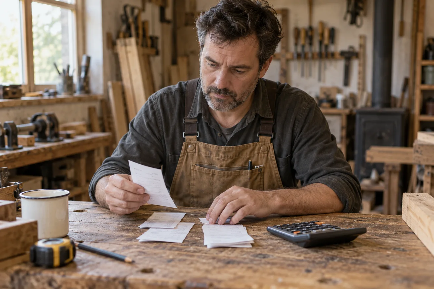 Un trabajador de oficios organiza recibos y usa una calculadora en una mesa de madera gastada.