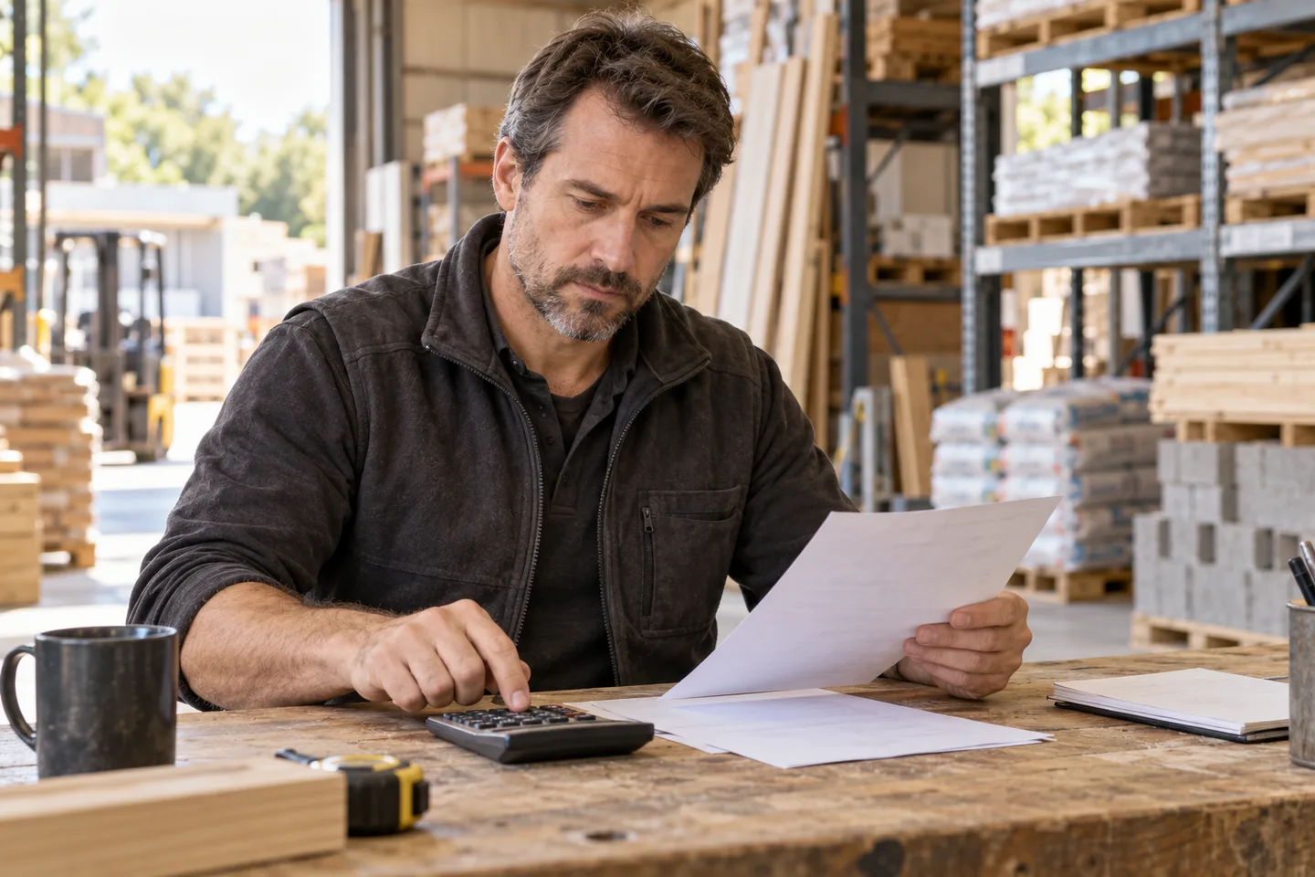 Un empresario de oficios compara notas de precios y usa una calculadora en una mesa del almacén.