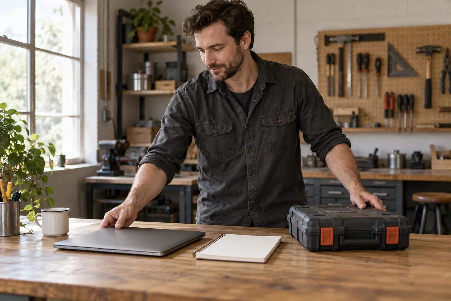 Un contratista organiza una computadora cerrada, un cuaderno y un estuche de herramientas en la mesa del taller.
