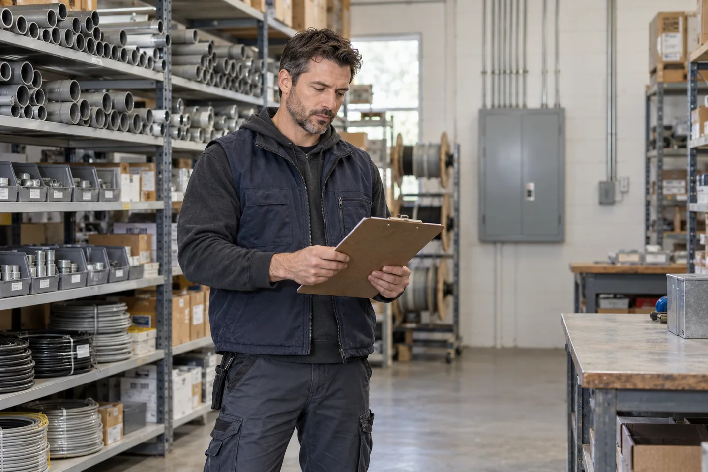 A male electrical contractor reviews a blank clipboard in a supply workshop with closed electrical equipment in the background.