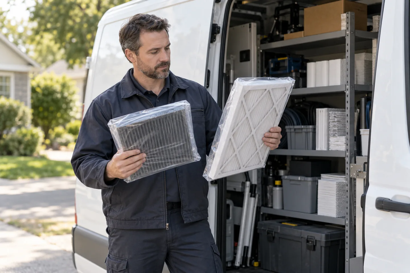 A male HVAC technician reviews packaged air filters beside the stocked open side door of a plain work van.