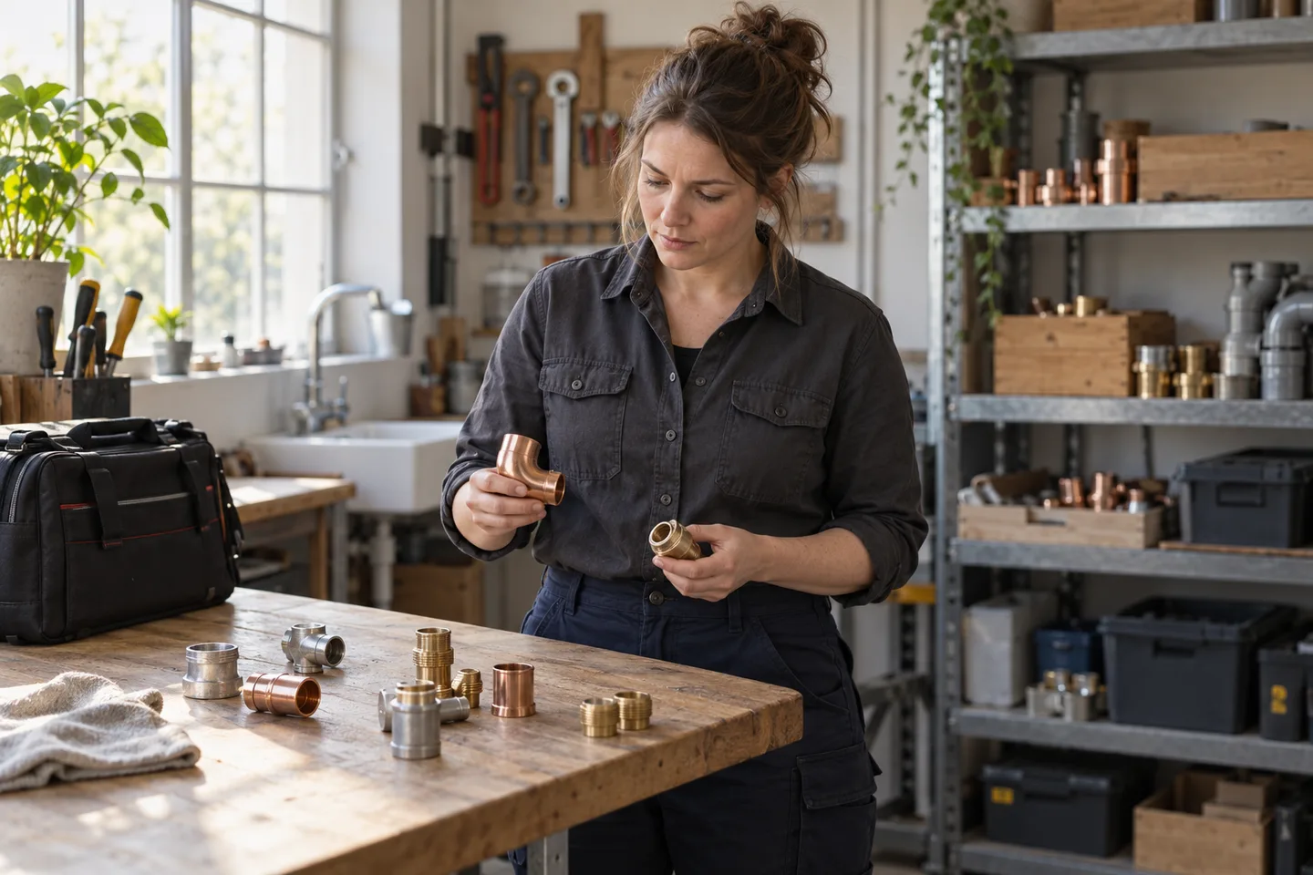 A female plumber inspects plumbing fittings at an organized workshop workbench beside a closed toolbag.