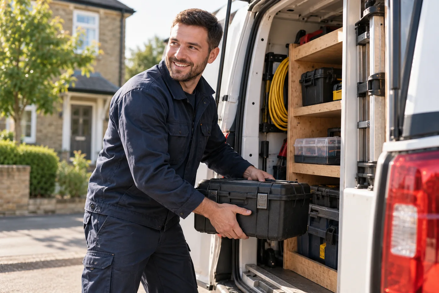 An electrical contractor loads a closed tool case into a parked service van.