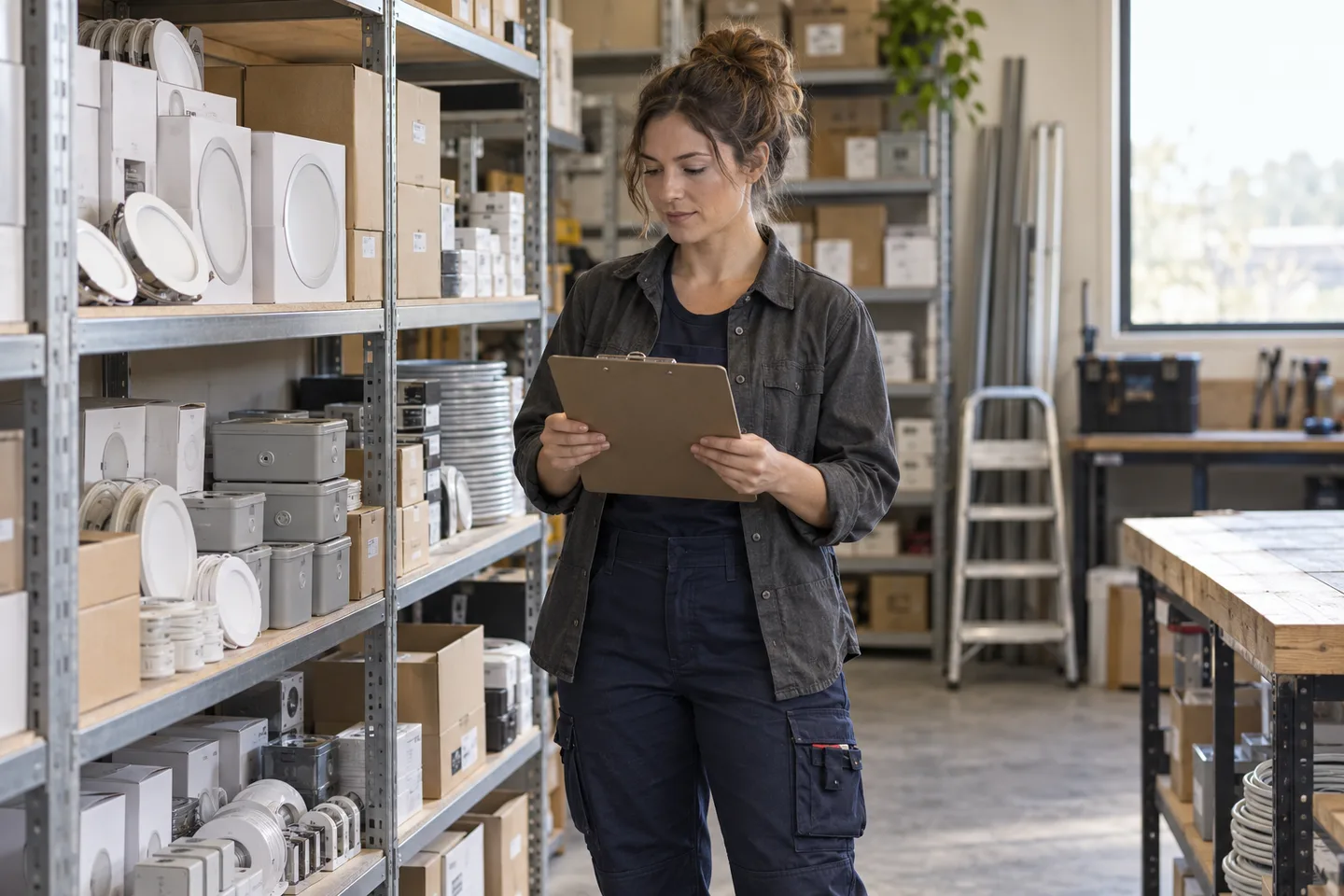 A woman electrician checks a blank inventory clipboard beside workshop shelves of boxed light fixtures.