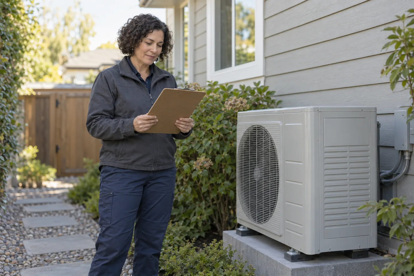 A woman HVAC owner reviews a clipboard beside an intact, fully closed outdoor heat pump.