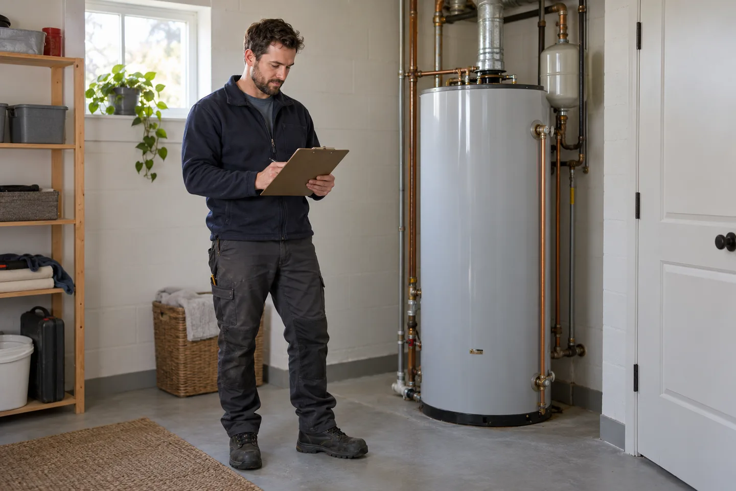 A male plumber reviews a plain work record beside a fully closed residential water-heater enclosure.