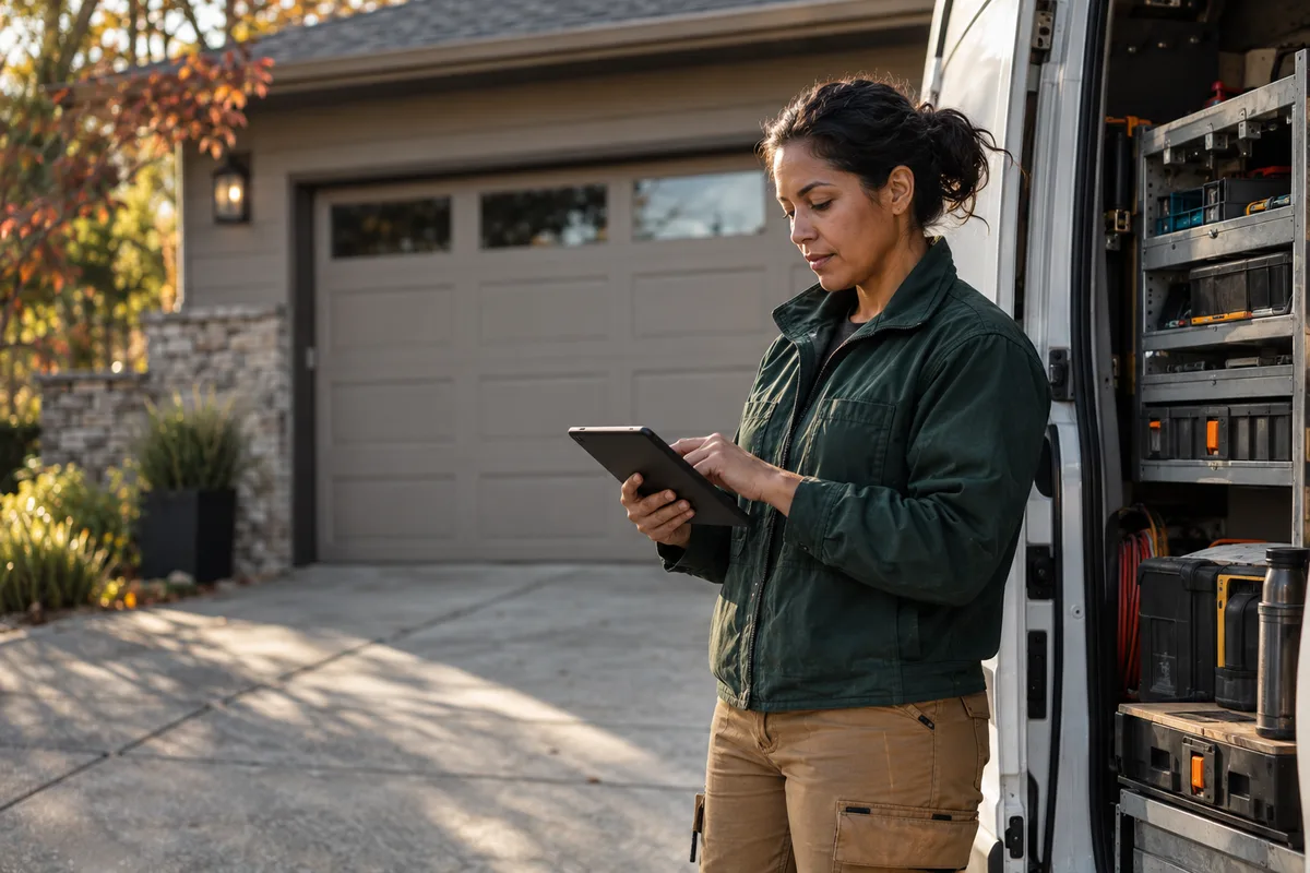 Illustrative photograph of a tradesperson planning a job beside her work van.